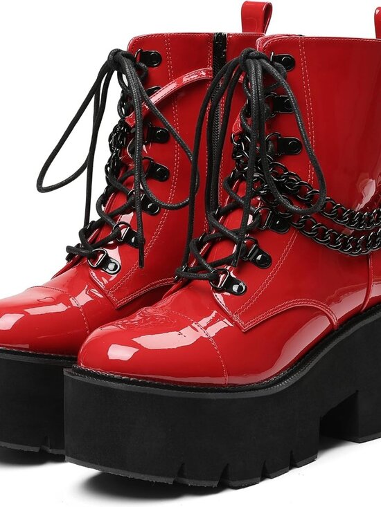 Shoes - Women's Red Combat Chunky Wedge Heel Rave Goth Lace Up Zipper Shoes Booties